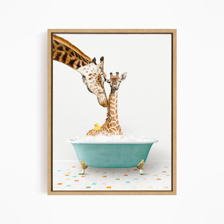 A mother giraffe and her baby giraffe are enjoying a bath together in a blue tub, surrounded by colorful tiles on the floor.