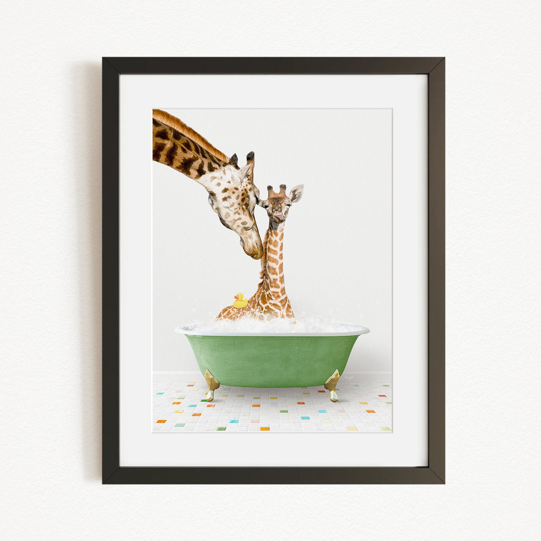 A mother giraffe and her baby giraffe are enjoying a bath together in a green bathtub, surrounded by colorful tiles on the floor.