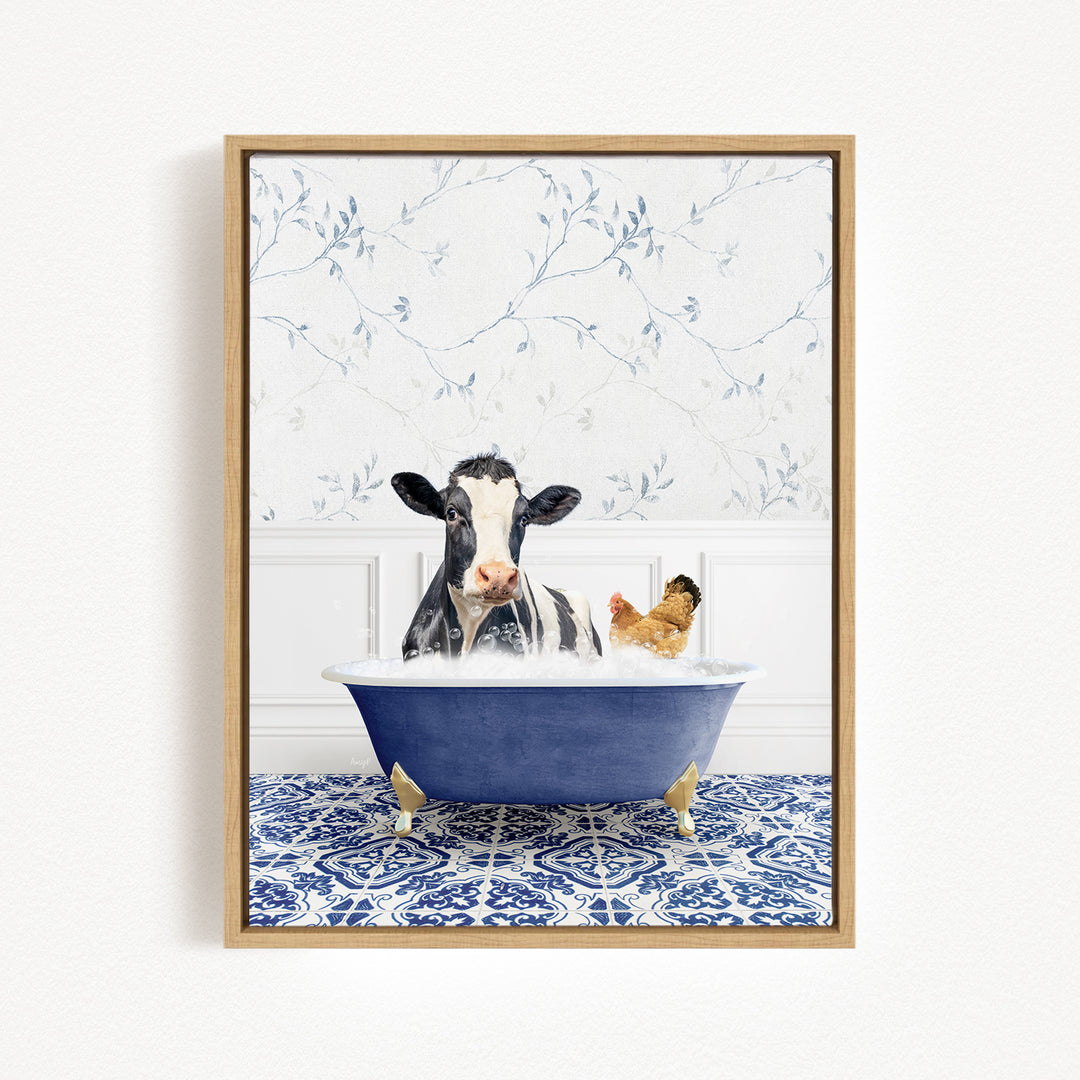 A black and white cow is sitting in a blue bathtub, surrounded by a chicken and a bird, creating a whimsical and playful scene.
