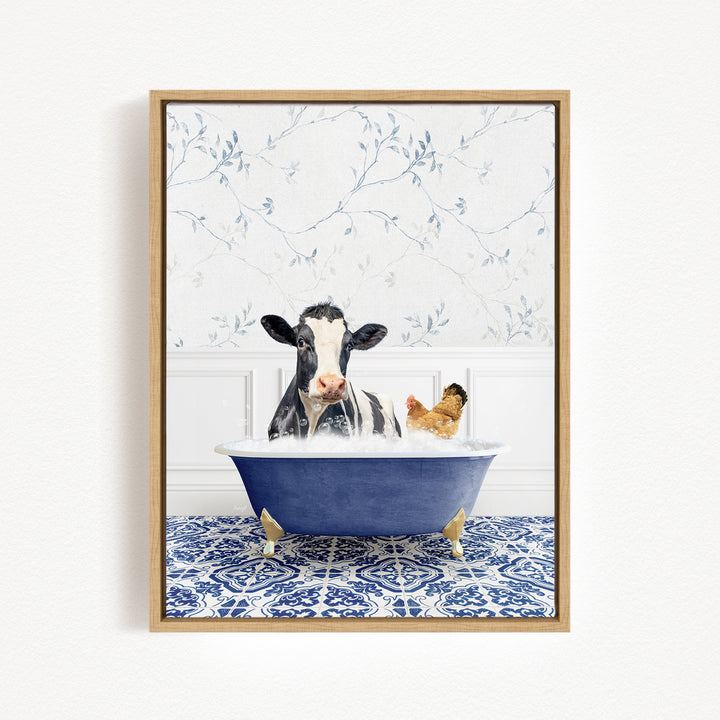 A black and white cow is sitting in a blue bathtub, surrounded by a chicken and a bird, creating a whimsical and playful scene.