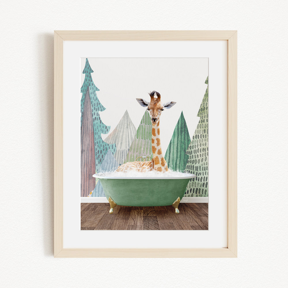 A giraffe is sitting in a green bathtub, surrounded by a forest scene with trees and a wooden floor.