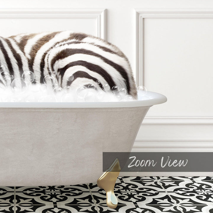 A zebra lying in a bathtub filled with bubbles, with a text overlay that reads "Zoom View".