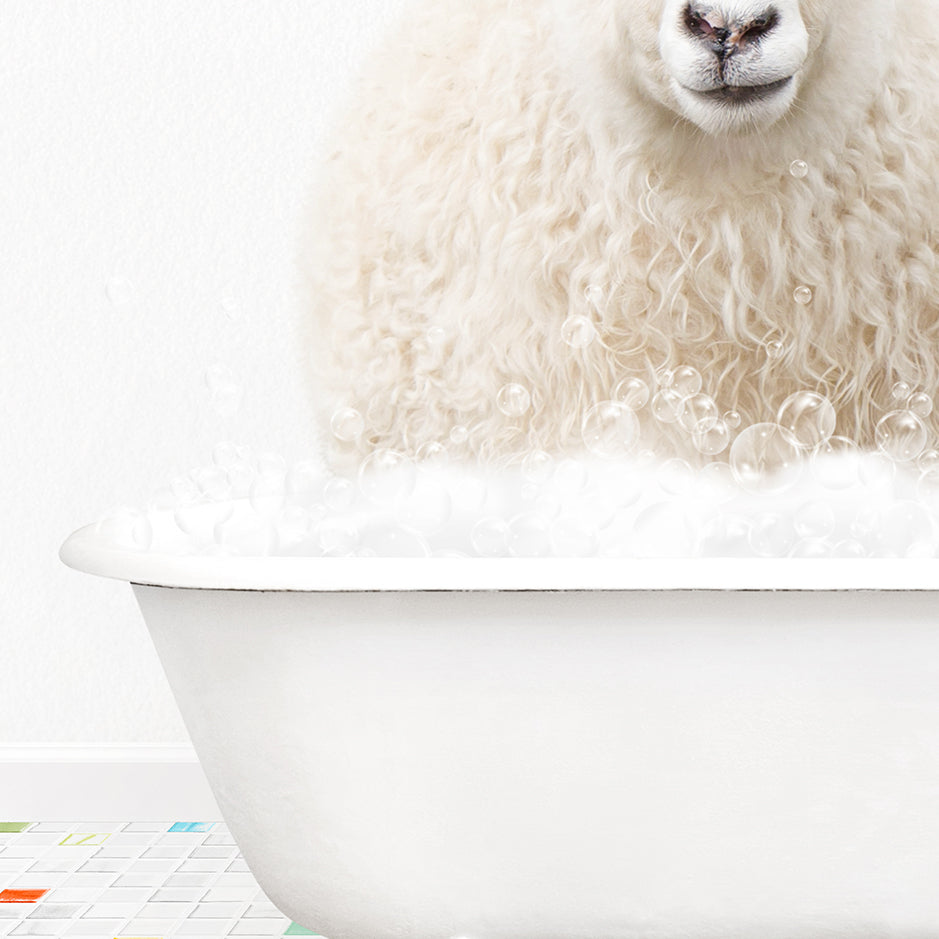 a white sheep is sitting in a bathtub