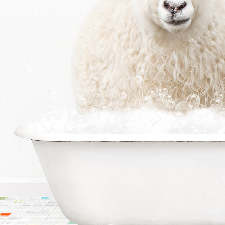 a white sheep is sitting in a bathtub