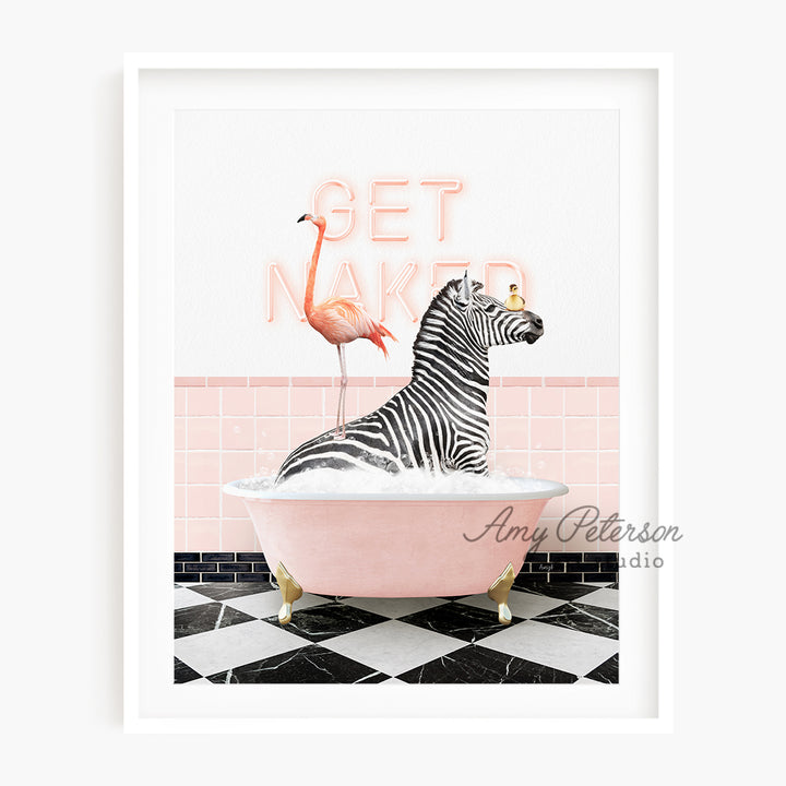 a picture of a zebra and a flamingo in a bathtub