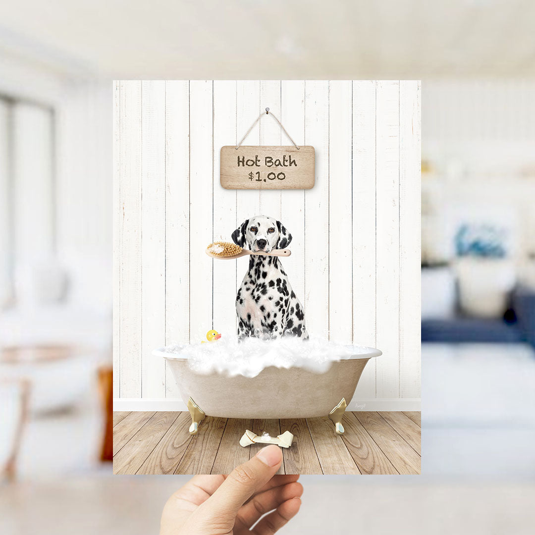A Dalmatian dog sitting in a bathtub filled with bubbles, holding a toy in its mouth, with a sign indicating a hot bath for $1.00 above the tub.