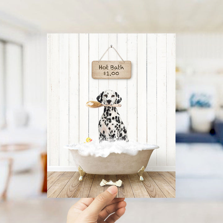 A Dalmatian dog sitting in a bathtub filled with bubbles, holding a toy in its mouth, with a sign indicating a hot bath for $1.00 above the tub.