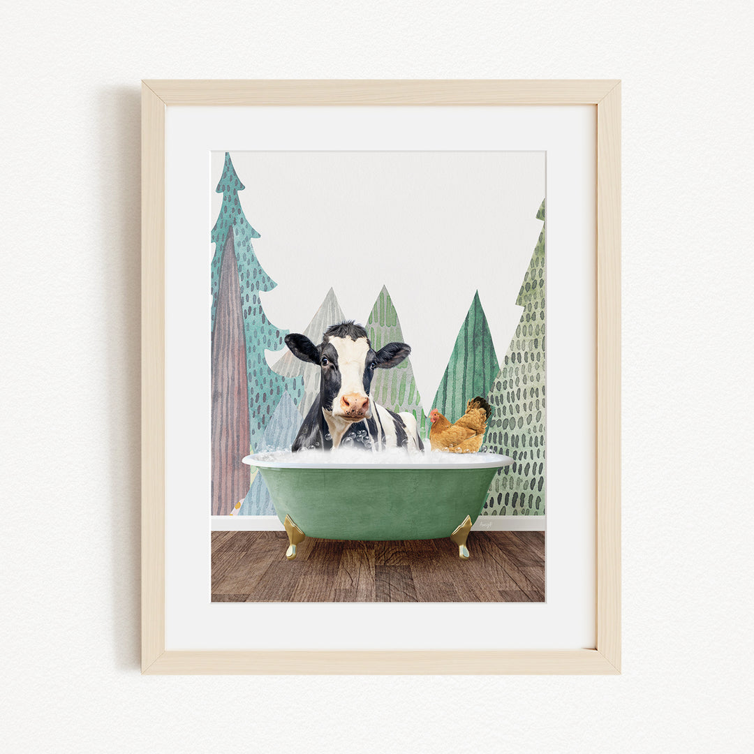 A black and white cow is sitting in a green bathtub, surrounded by a chicken and a tree, with a forest-like background.