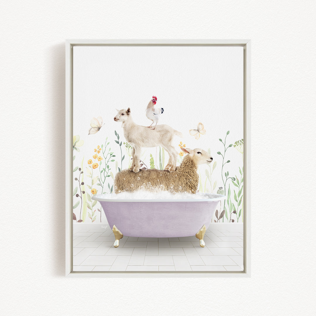 A sheep standing on a bathtub filled with water, with a chicken perched on top and a bird flying nearby, surrounded by flowers and greenery.