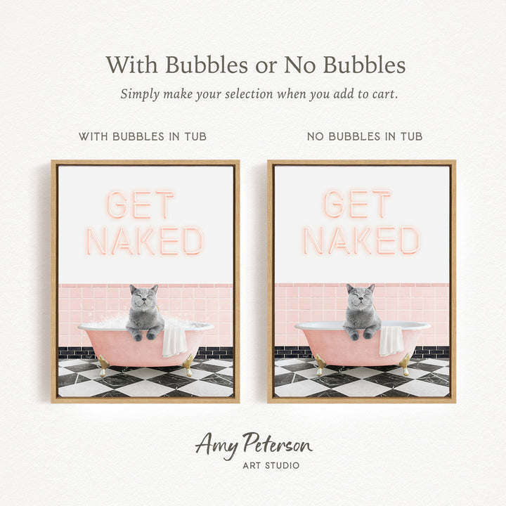 The image is a framed print featuring a cat sitting in a pink bathtub with bubbles, and another cat sitting in a tub without bubbles. The text above the images reads "With Bubbles or No Bubbles Simply make your selection when you add to cart."
