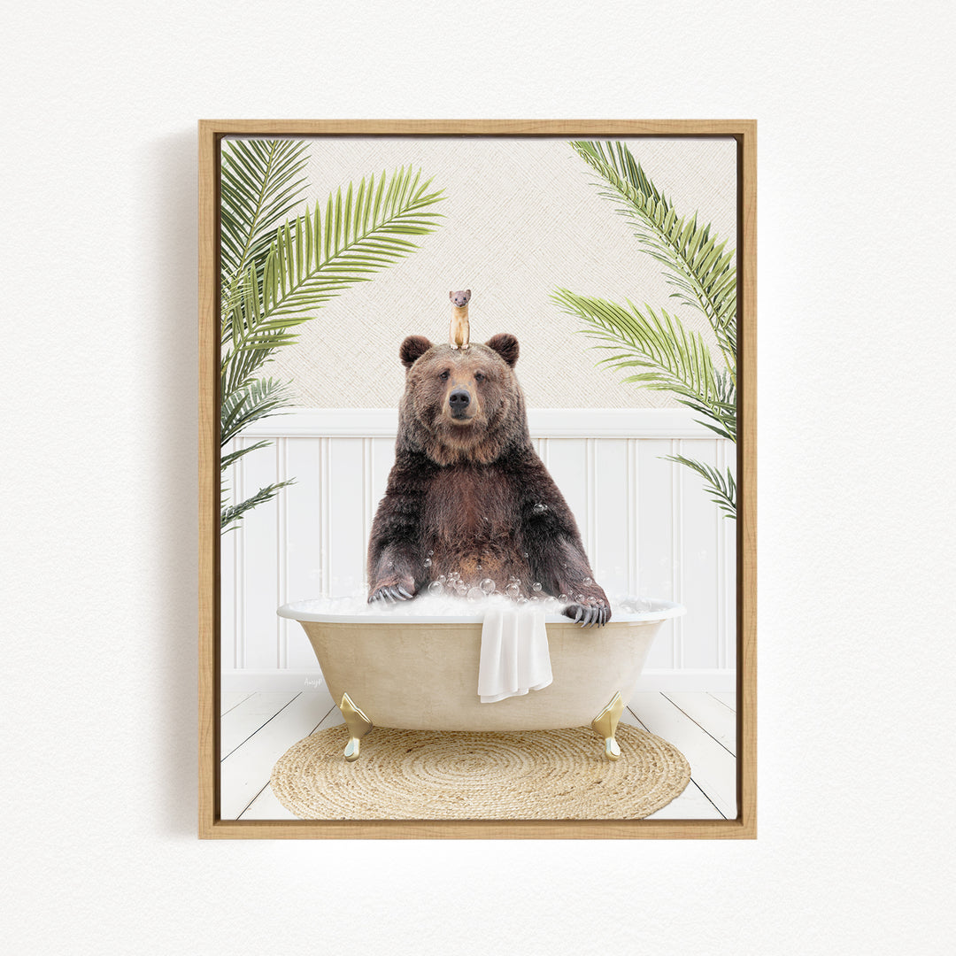 A brown bear sitting in a bathtub, surrounded by palm leaves, with a small bird perched on its head.