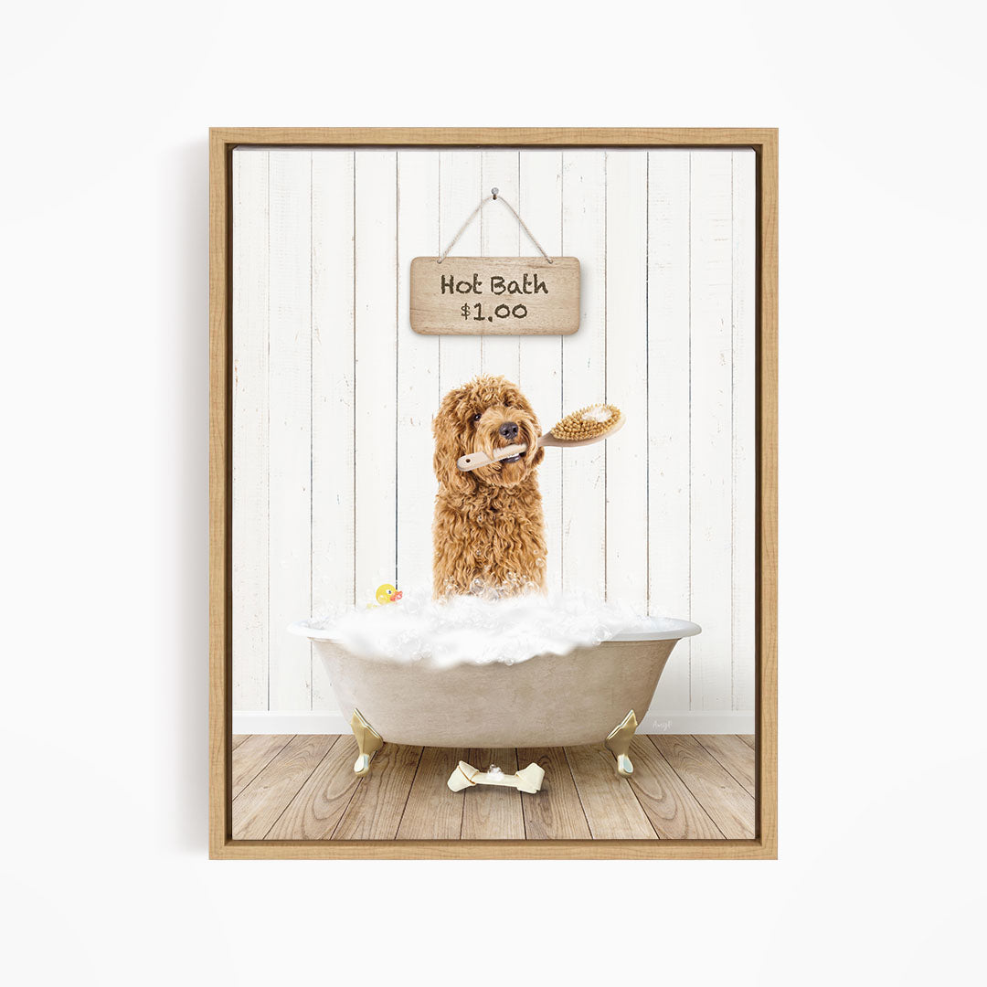 A brown dog is sitting in a white bathtub filled with bubbles, with a sign above the tub that reads "Hot Bath $1.00".