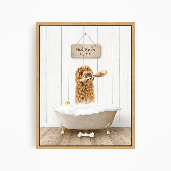 A brown dog is sitting in a white bathtub filled with bubbles, with a sign above the tub that reads "Hot Bath $1.00".