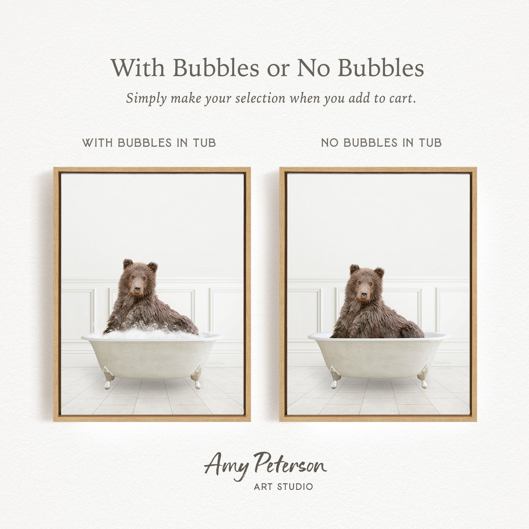 The image is a collage of two framed pictures, each featuring a bear sitting in a bathtub. The bear in the bathtub has bubbles, while the bear in the tub without bubbles is described as "no bubbles". The collage is titled "With Bubbles or No Bubbles" and is created by Amy Peterson from Art Studio.