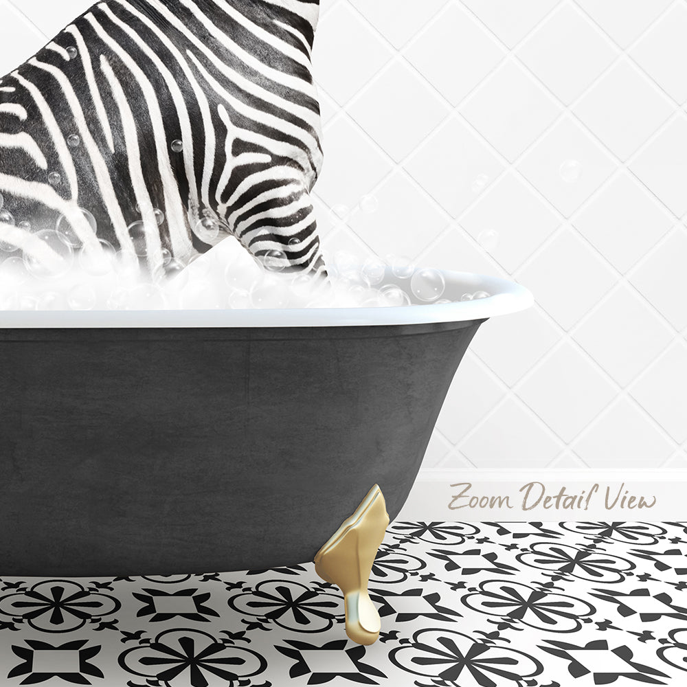A zebra is standing in a bathtub filled with bubbles, with a gold-colored bathtub faucet and a patterned tile floor.