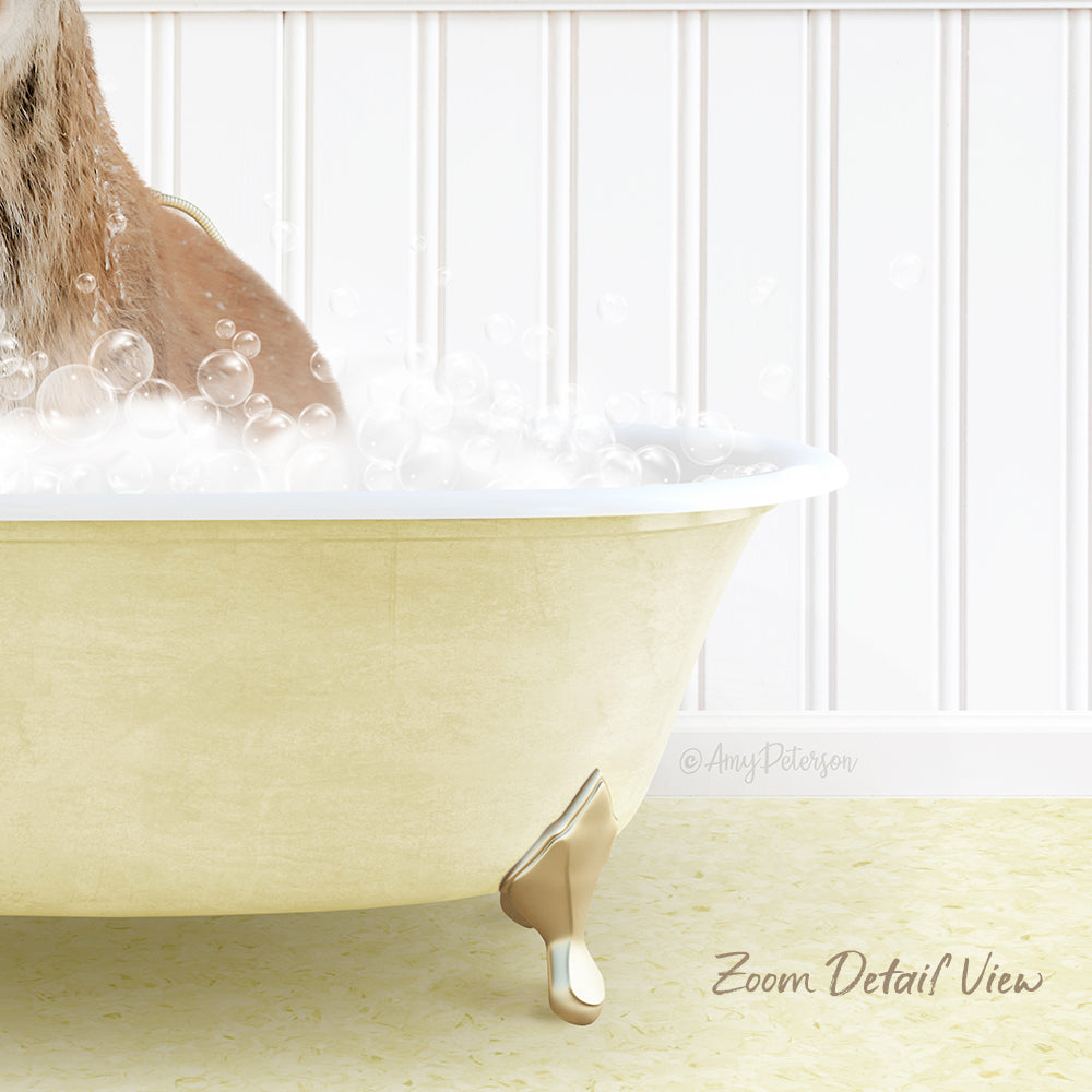 A dog is sitting in a bathtub filled with bubbles, enjoying a relaxing bath.