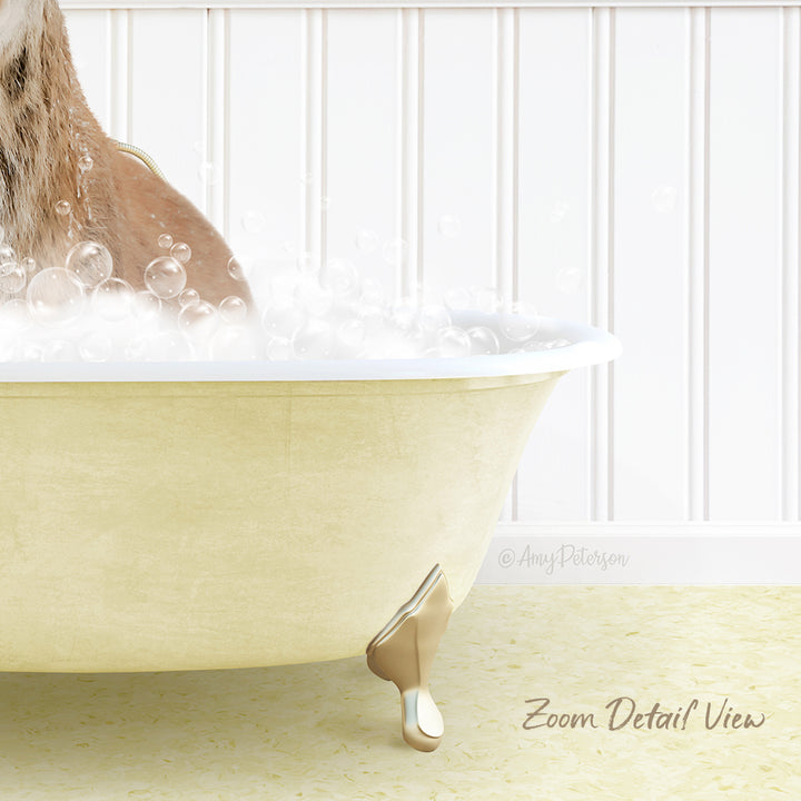 A dog is sitting in a bathtub filled with bubbles, enjoying a relaxing bath.