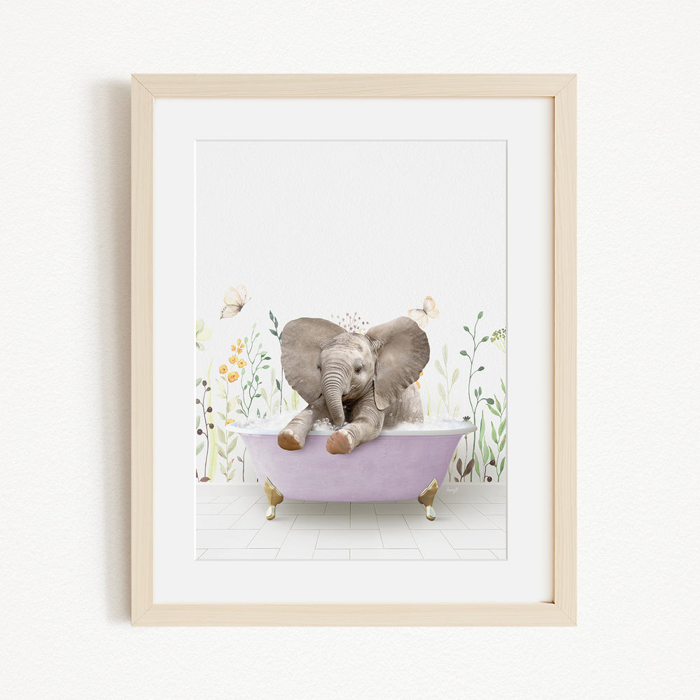A baby elephant sitting in a pink bathtub, surrounded by flowers and butterflies.