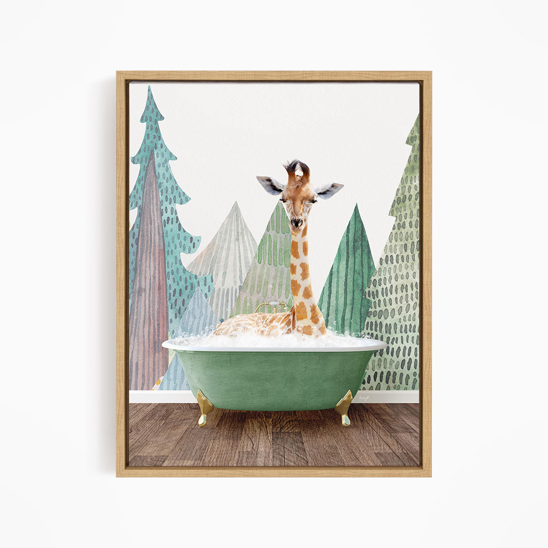 A giraffe is sitting in a green bathtub, surrounded by a forest-themed background with trees and a pine tree.