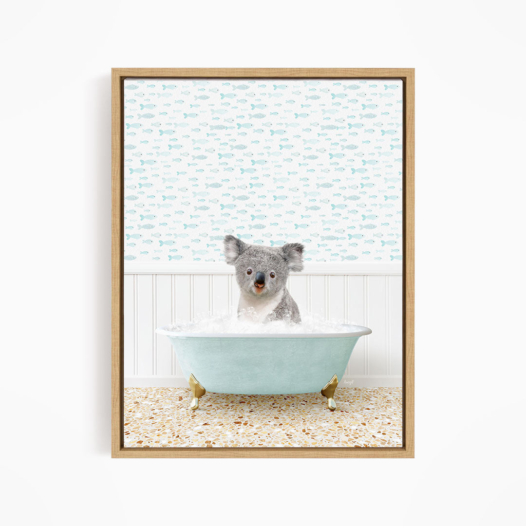 A koala bear sitting in a bathtub filled with water, surrounded by a patterned wall.