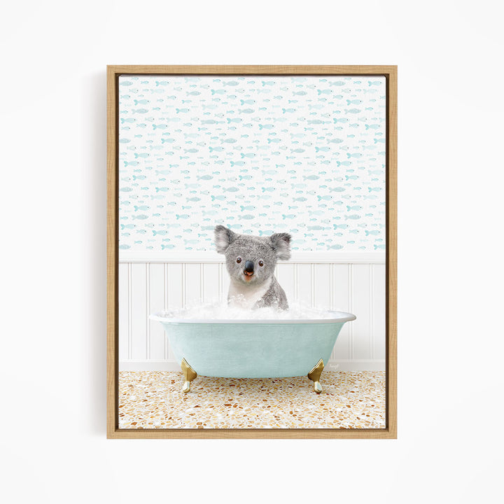 A koala bear sitting in a bathtub filled with water, surrounded by a patterned wall.