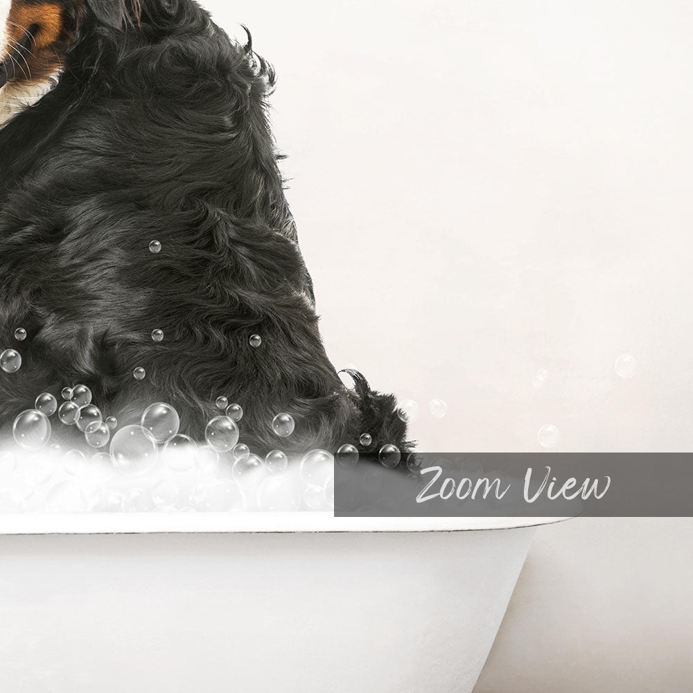 A black dog sitting in a bathtub filled with bubbles, with the word "Zoom View" written in the bottom right corner.