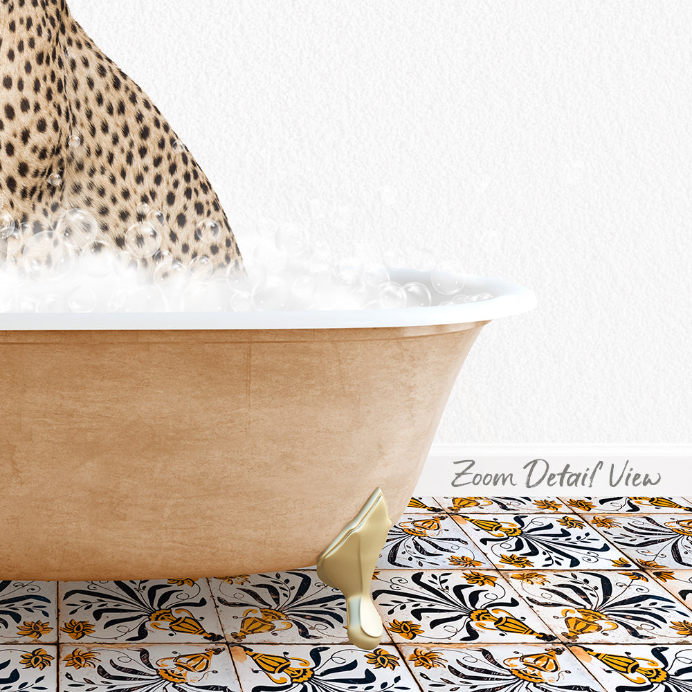 A bathtub filled with water and bubbles, with a leopard print patterned towel hanging over the side.