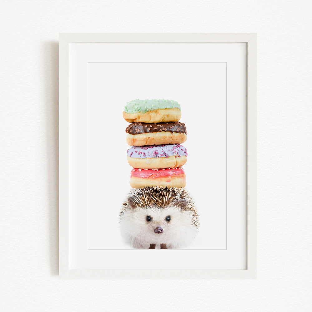 A white-framed image of a hedgehog standing in front of a stack of colorful donuts.