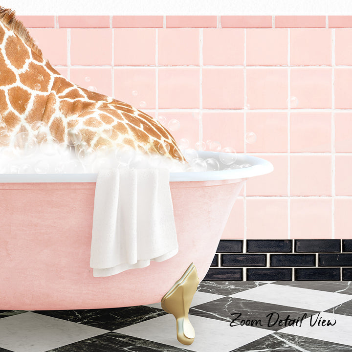 A giraffe is sitting in a pink bathtub filled with bubbles, with a white towel hanging on the side.