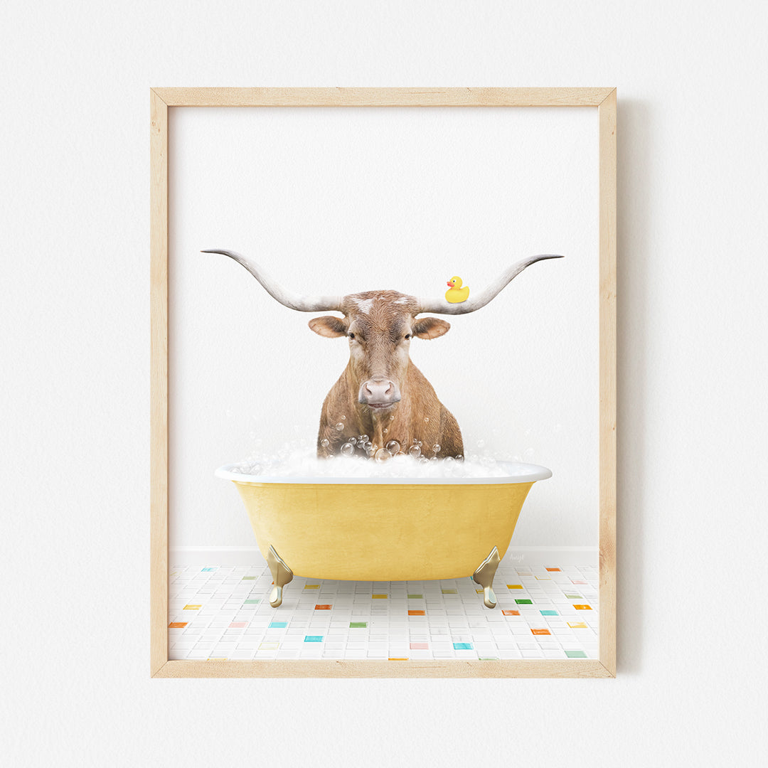 a picture of a cow in a bathtub with a rubber duck