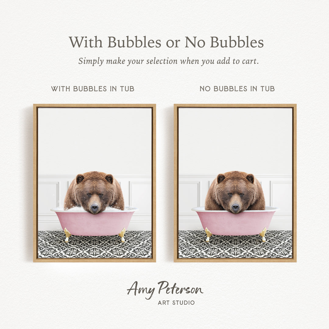 The image is a collage of two pictures featuring a bear sitting in a pink bathtub. The bear is sitting on a patterned rug, and the bathtub is filled with water. The collage includes a caption that reads "With Bubbles or No Bubbles" and "With Bubbles in Tub" and "NO Bubbles in Tub".