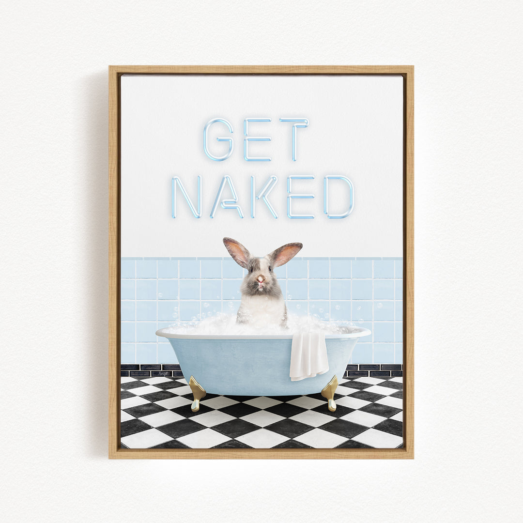 A framed image depicting a rabbit sitting in a bathtub filled with water, with the text "GET NAKED" displayed above it.