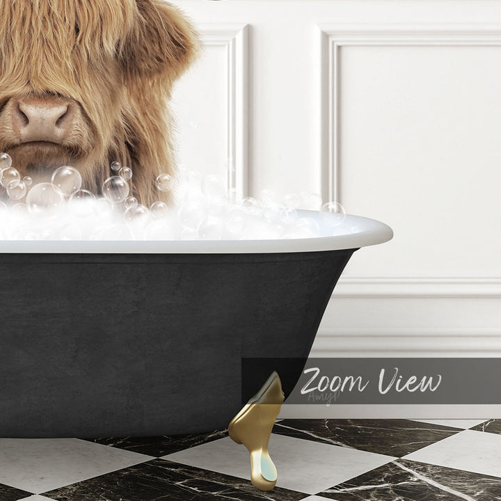 A close-up of a Highland cow's head peeking out of a bathtub filled with bubbles, with a black and white checkered floor and a gold bathtub faucet visible in the background.