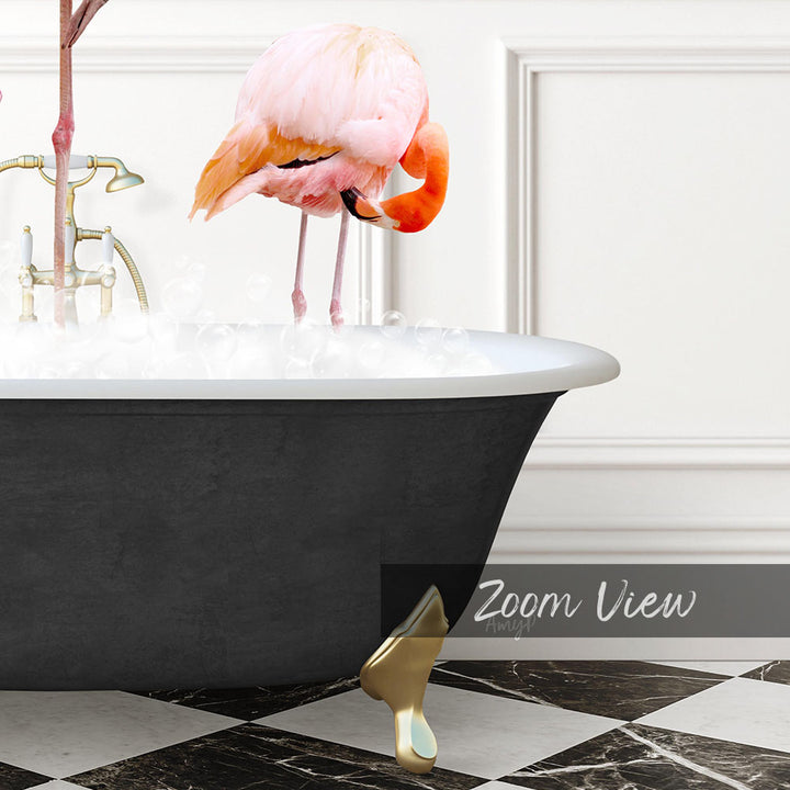 A pink flamingo standing in a bathtub filled with water, with a black and white checkered floor and a gold bathtub faucet visible in the background.