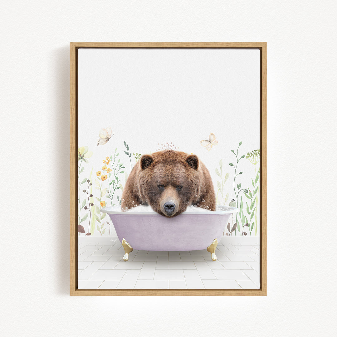 A brown bear is sitting in a purple bathtub, surrounded by flowers and butterflies, creating a whimsical and playful scene.