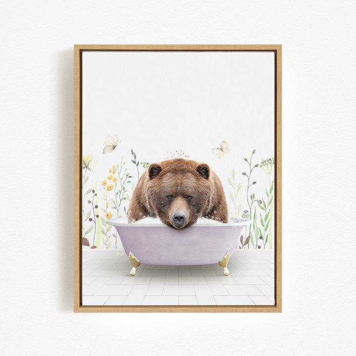 A brown bear is sitting in a purple bathtub, surrounded by flowers and butterflies, creating a whimsical and playful scene.