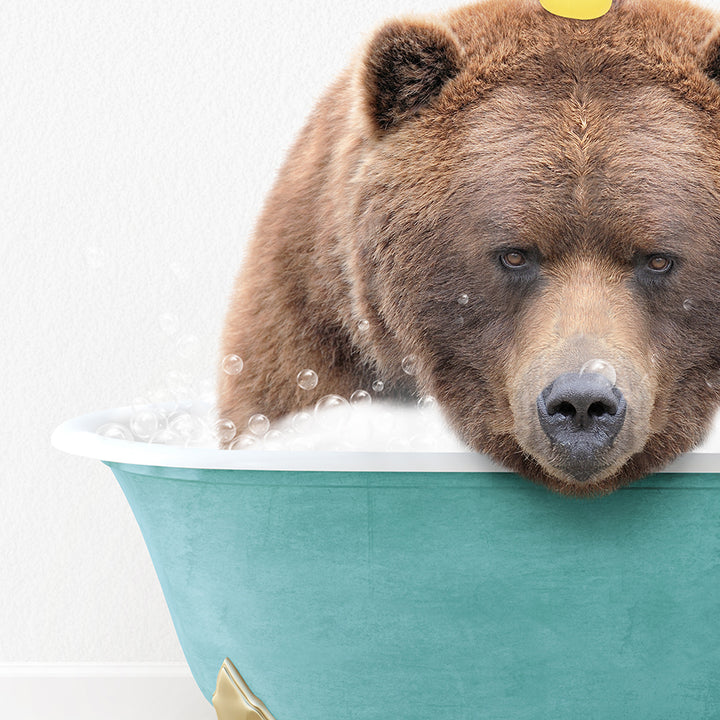 a large brown bear sitting in a bath tub