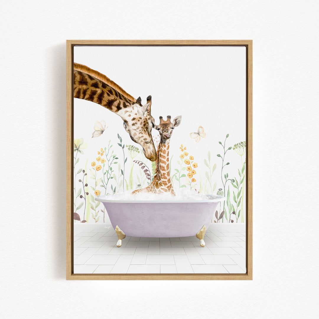 A giraffe and a baby giraffe are sitting in a bathtub filled with water, surrounded by flowers and butterflies.