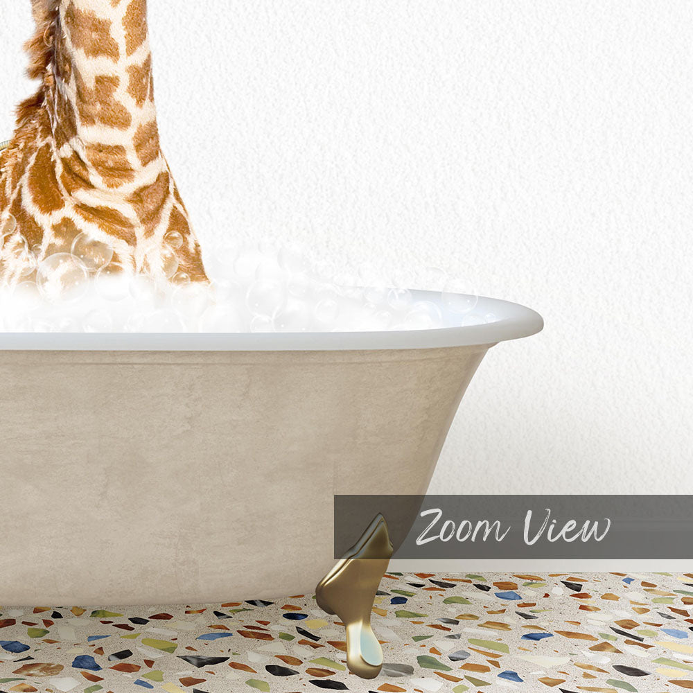 A giraffe standing in a bathtub filled with water, with a text overlay that reads "Zoom View".