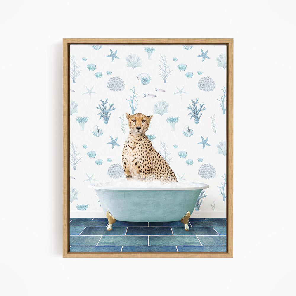 A cheetah sitting in a bathtub filled with water, surrounded by a blue and white ocean-themed wallpaper.