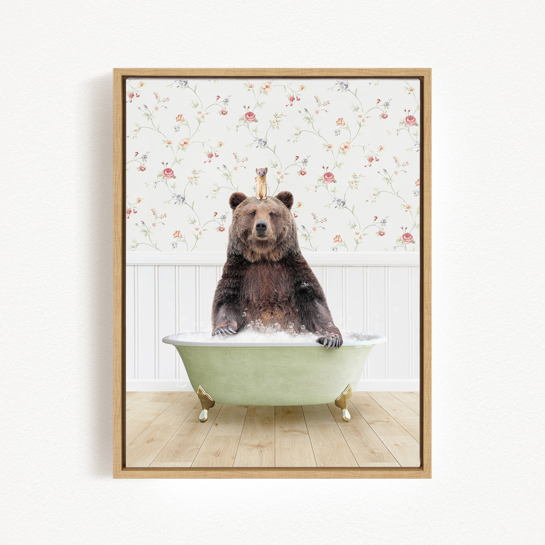 A brown bear sitting in a green bathtub, surrounded by a floral wallpaper.
