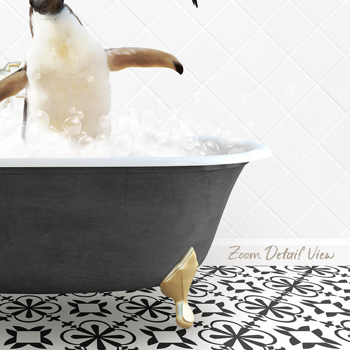 A penguin standing in a bathtub filled with bubbles, with a patterned tile floor in the background.