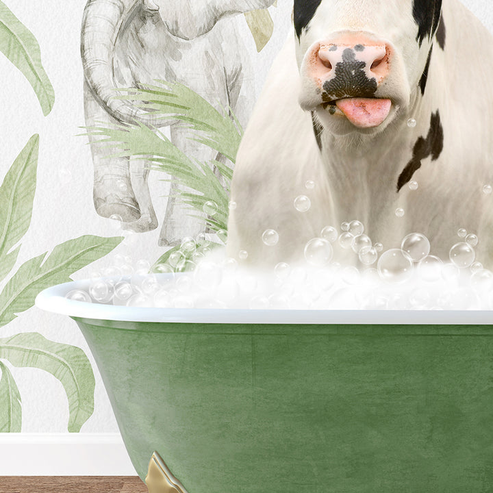 a cow sticking its tongue out in a bathtub