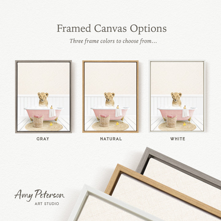 The image is a framed canvas option showcasing three different colored frames for a picture of a dog sitting in a bathtub.