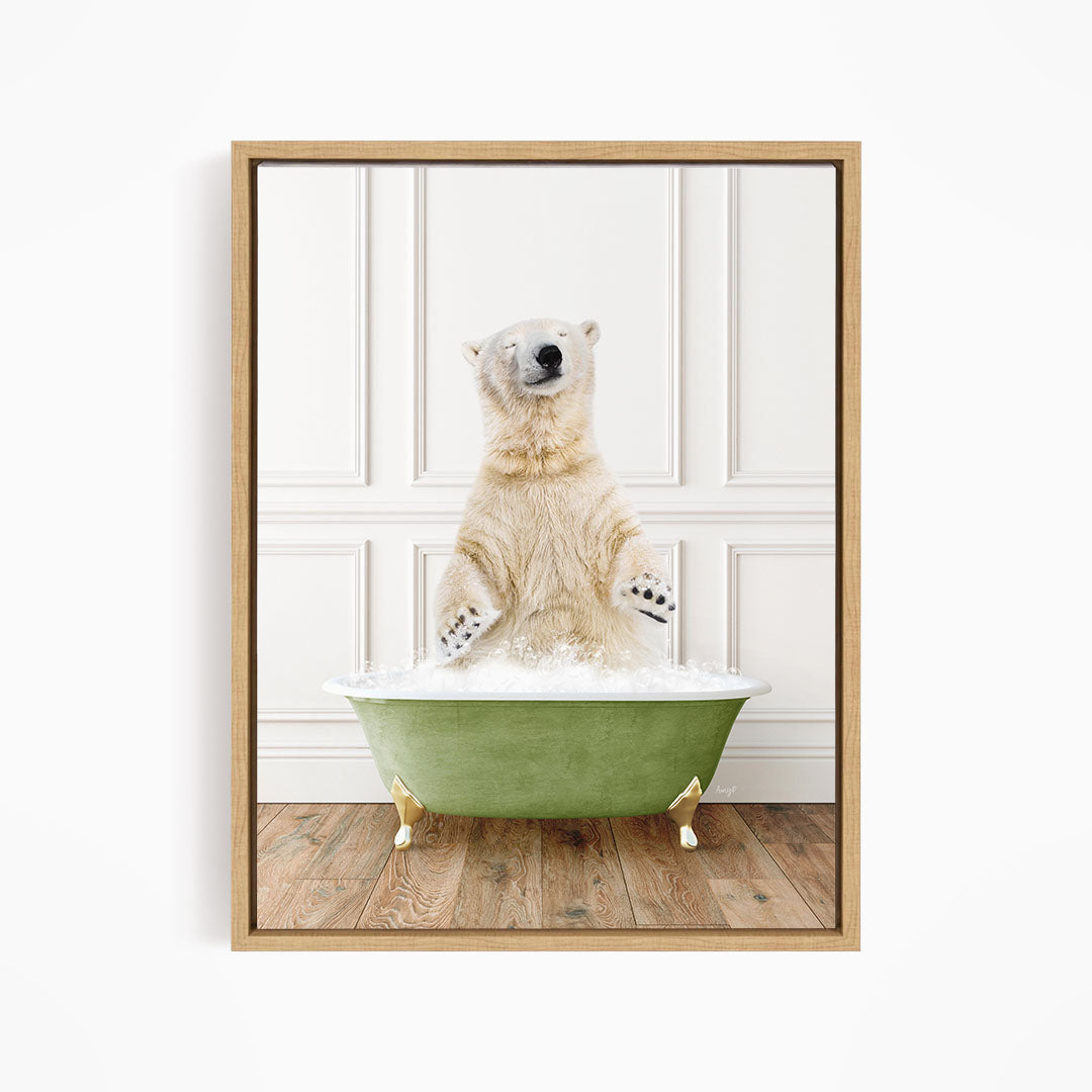 A polar bear standing in a green bathtub filled with water, appearing to be enjoying a bath.