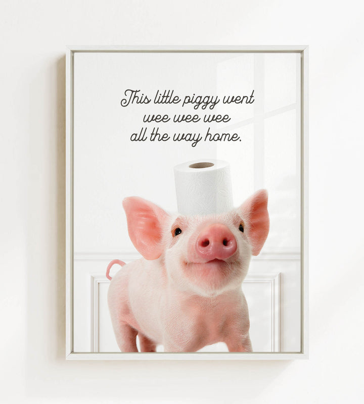 A cute pink pig standing on a white surface, with a roll of toilet paper on its head.