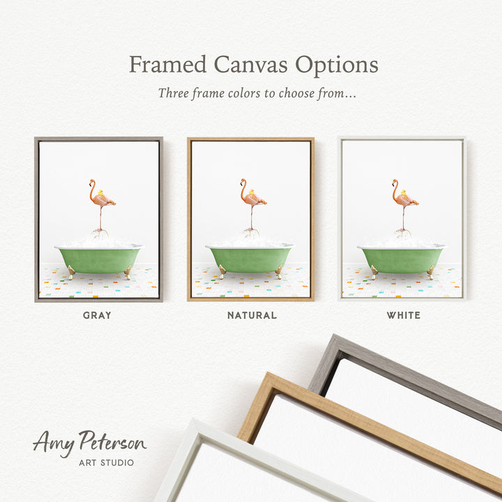 three framed canvas options, each featuring a different colored frame and a framed image of a flamingo in a bathtub.