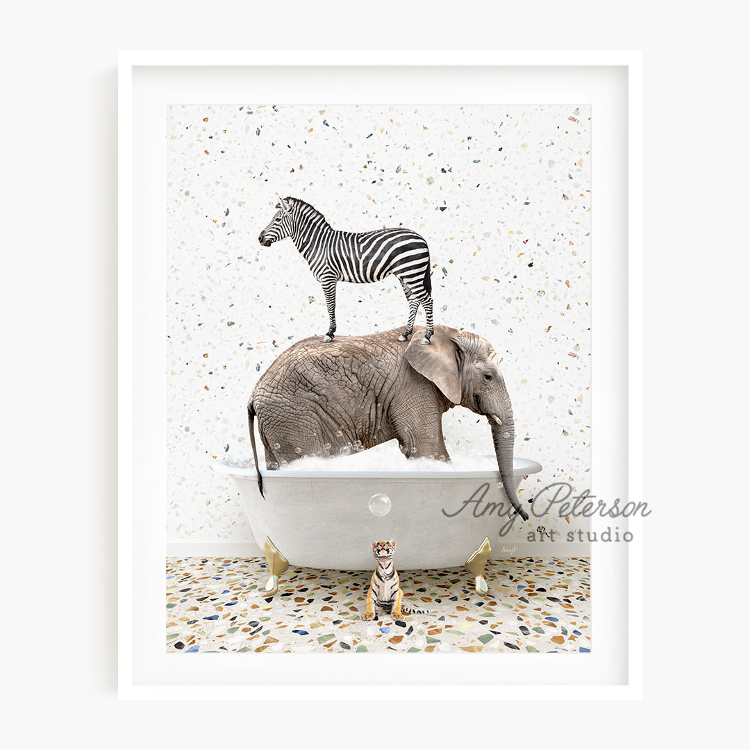 a zebra standing on top of an elephant in a bathtub