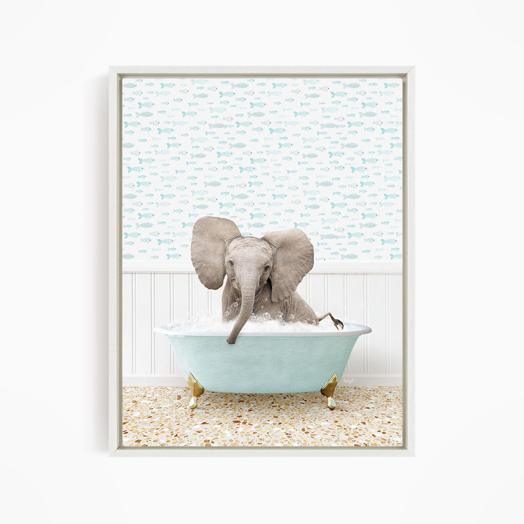 A baby elephant sitting in a bathtub filled with water, surrounded by a pattern of fish.