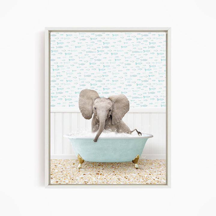 A baby elephant sitting in a bathtub filled with water, surrounded by a pattern of fish.